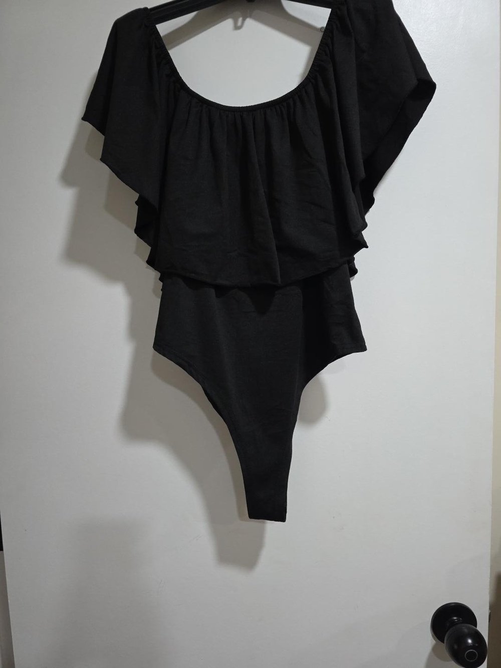 SHEIN QINS Black Ruffle Overlay Bodysuit Off Shoulder 1XL